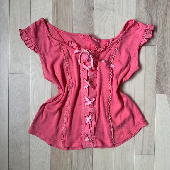 Vintage Barbie Pink Corset Style Top – Ruffle Sleeves & Ribbon Detail - Picture 2 of 8